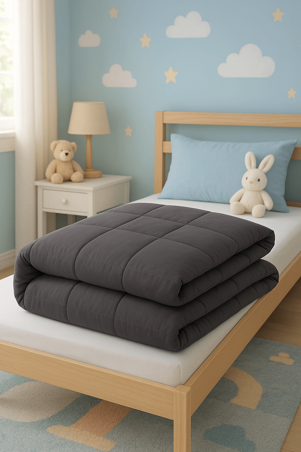 Utilisation de la couverture lestée pour les enfants sur un lit avec décoration colorée.